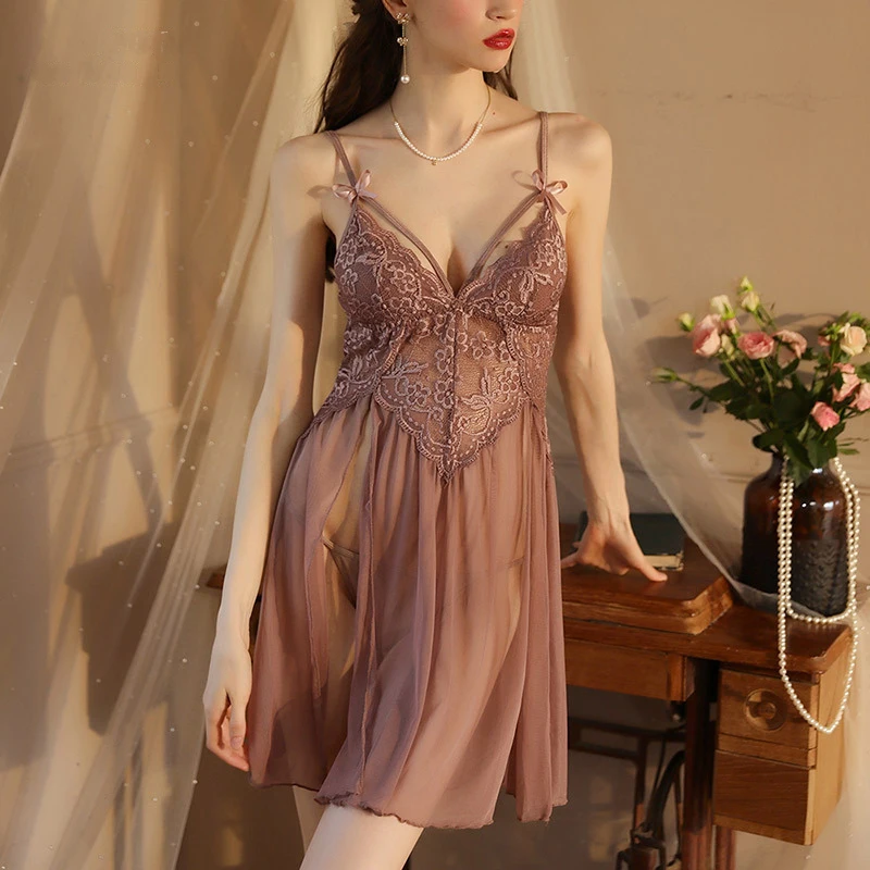 Women's Sexy suspender skirt multi-color optional see-through pajamas side slit cute bow mesh nightdress  temptation  nightdress