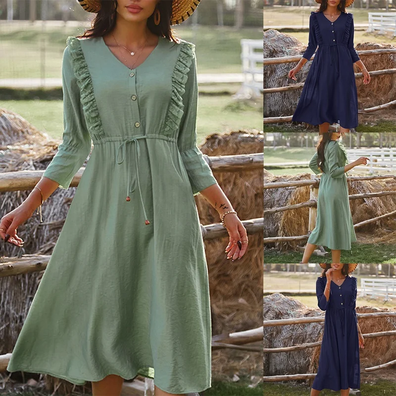 

ASDS-V-Neck Frill Long-Sleeve Slim Flared Dress Casual Holiday Dress Long Dress