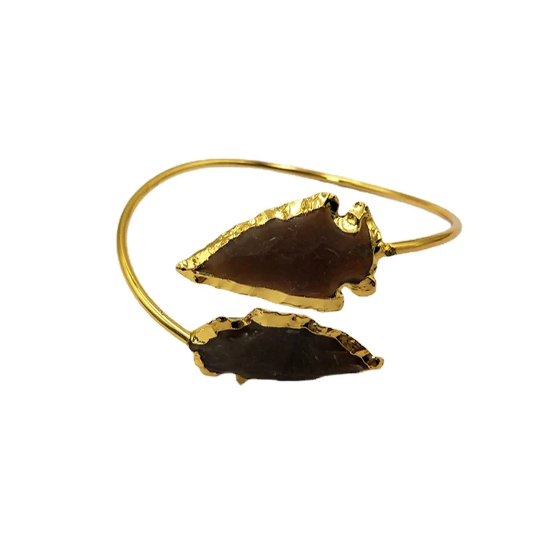Brown Jades Arrowhead Cuff Bracelet with Gold Electroplating Statement Adjustable Bangle Double Black Arrow A Gate Design