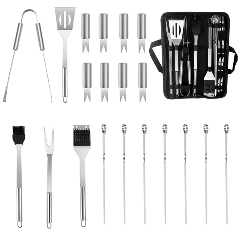 

20Pcs BBQ Grill Tool Set Grill Accessories BBQ Tools with Storage Bag Extra Thick Stainless Steel Spatula Fork & Tongs for Campi
