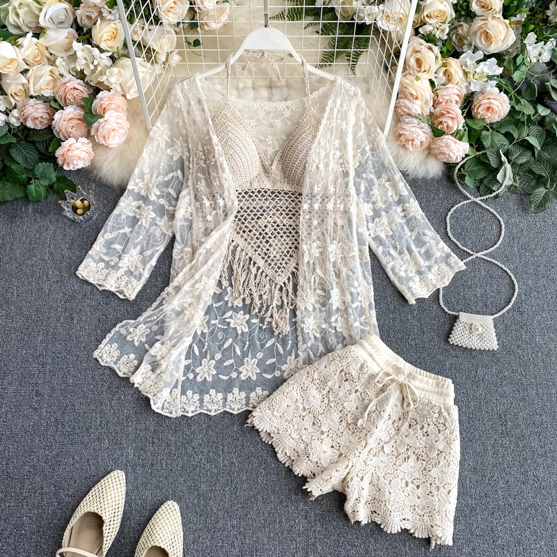 

Sexy Halterneck Hollow-out Camisole + Women Sun Shirt + Lace Knit Shorts Set Summer 3 Piece Outfit Seaside Vacation Set