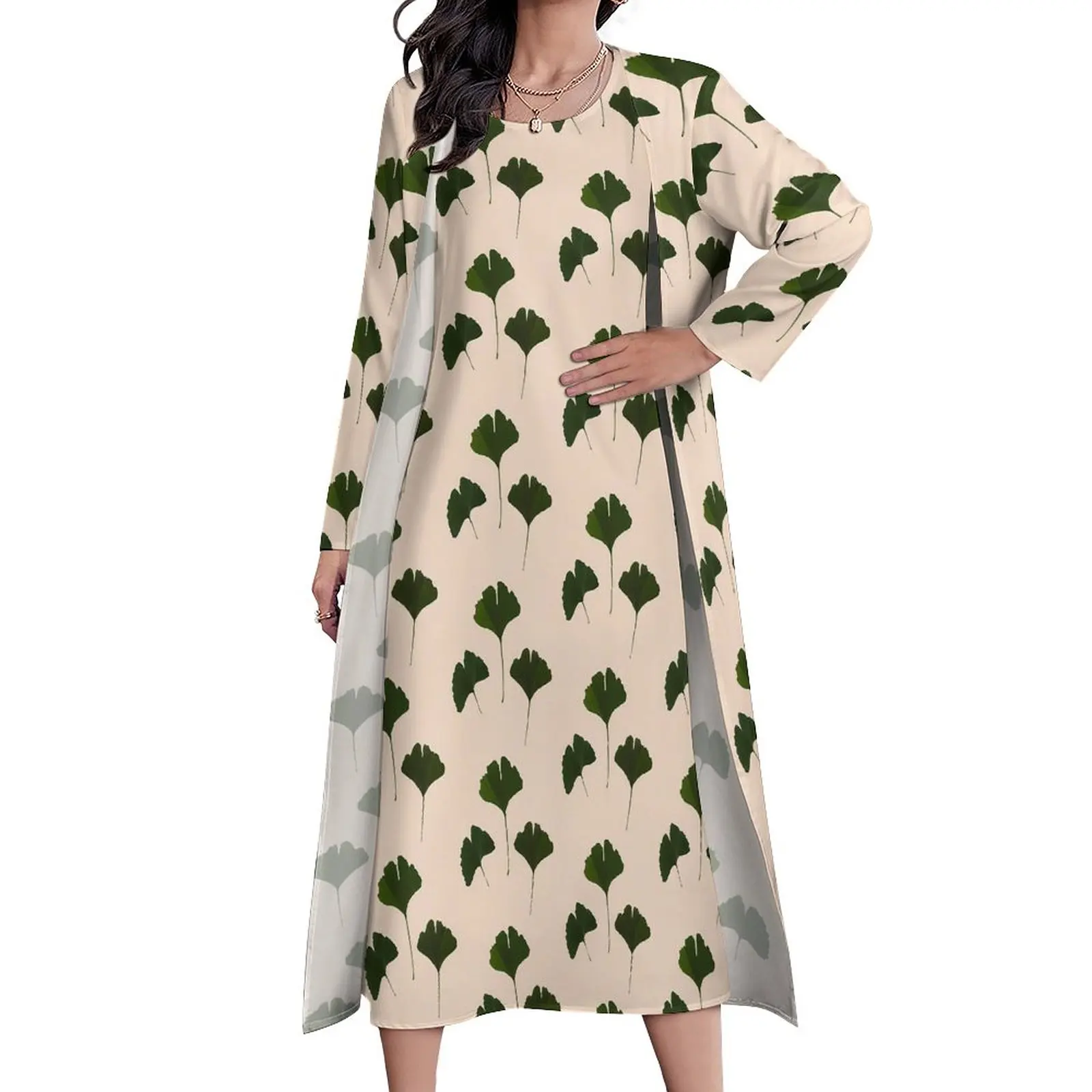 

Платье-макси в богемном стиле, с принтом листьев