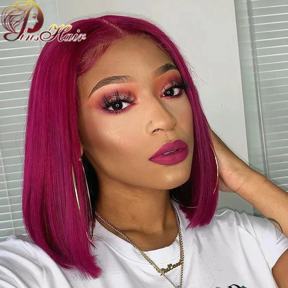 

13x4 99J Burgundy Lace Front Human Hair Wig Short Bob Wig Red Colored Human Hair Pre-Plucked Transparent 13x1 Lace Part Wigs