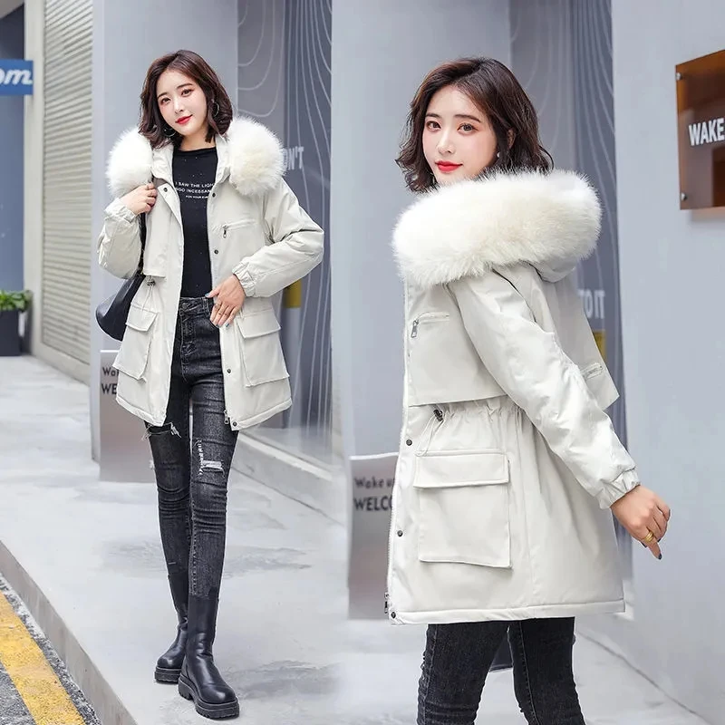 

Women Coat 2022 New Winter Velvet Thick Warm Fur Hooded Parkas Down Cotton Jackets Office Lady Loose Clothing Casaco Feminino