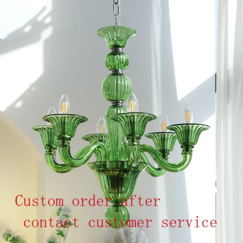 

French elegant candle chandelier, retro n light luxury dining room living room green glass lamps