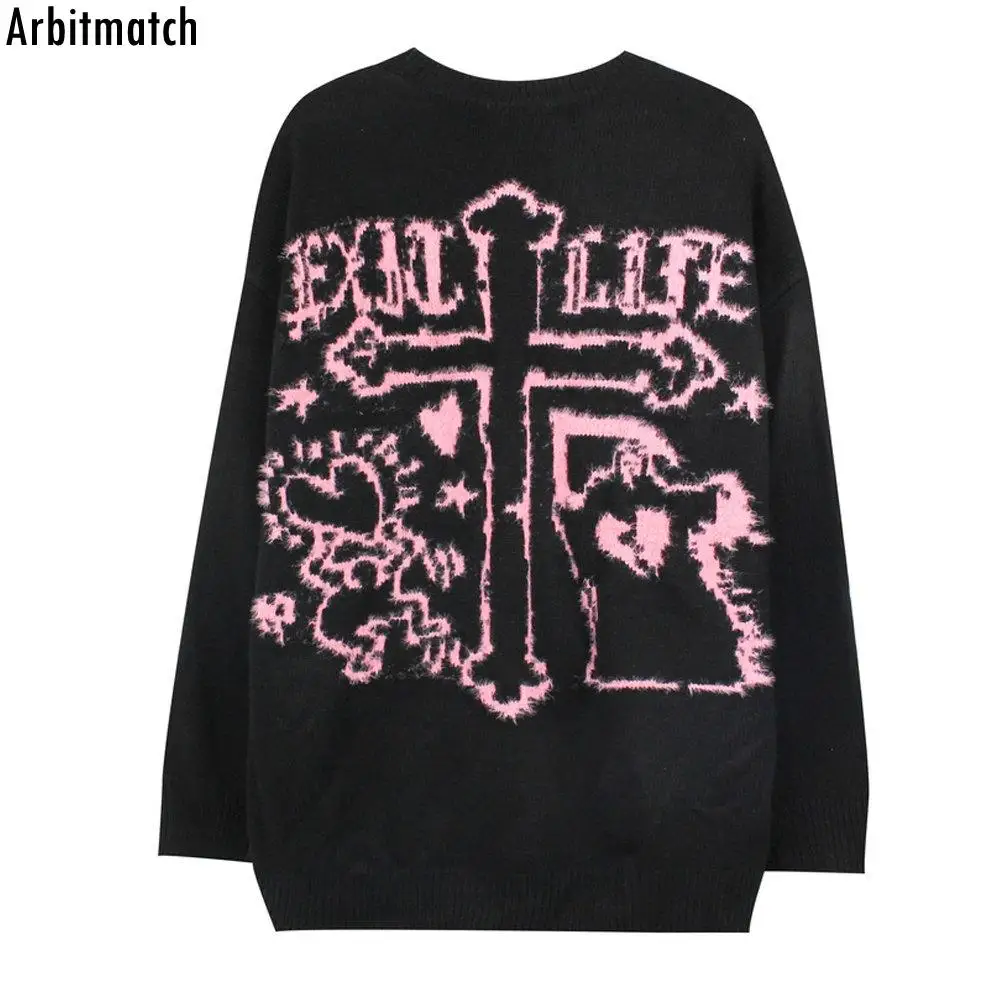 

HIP HOP Knitted Sweater Irregular Stripe Letter Cross Pattern Mink Wool Sweater Harajuku Pullovers Polyester for Men Women