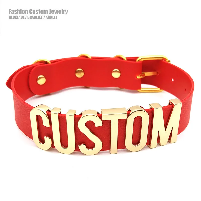 

Punk Glossy Gold Letters Custom Collars Choker Necklace Unisex Sexy Red PU Leather Customized Name Word Cosplay Chocker Jewelry