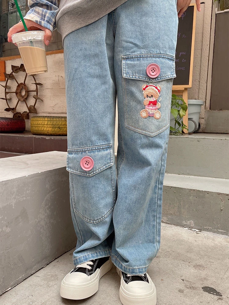 ADAgirl Cargo Pants Women Y2k Baggy Vintage Bear Embroidery Pockets High Waist Wide Leg Jeans Streetwear Female Denim Trousers