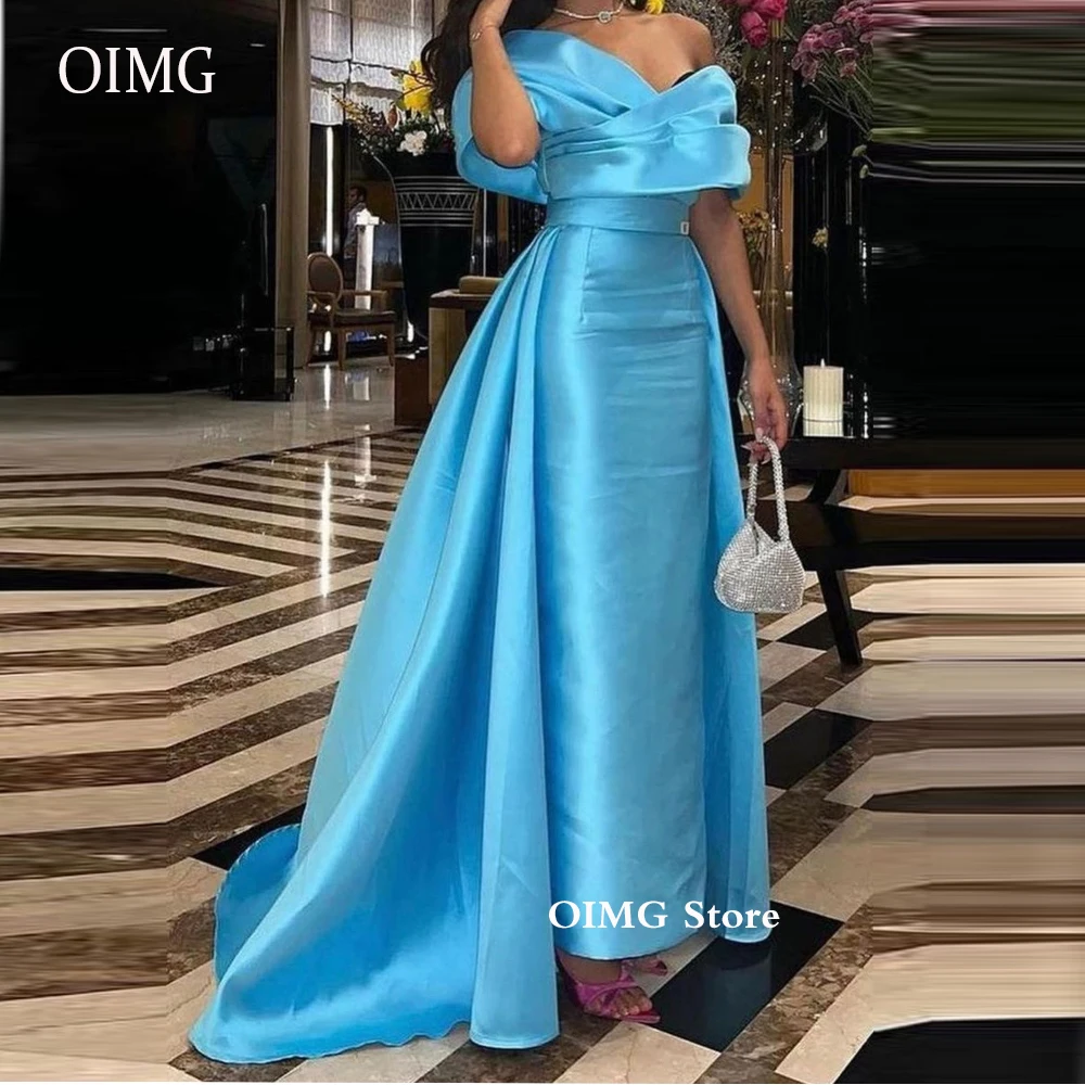 

OIMG Saudi Arabic Sky Blue Satin Evening Dresses With Detachable Train Off the Shoulder Sleeves Simple Party Formal Prom Gowns