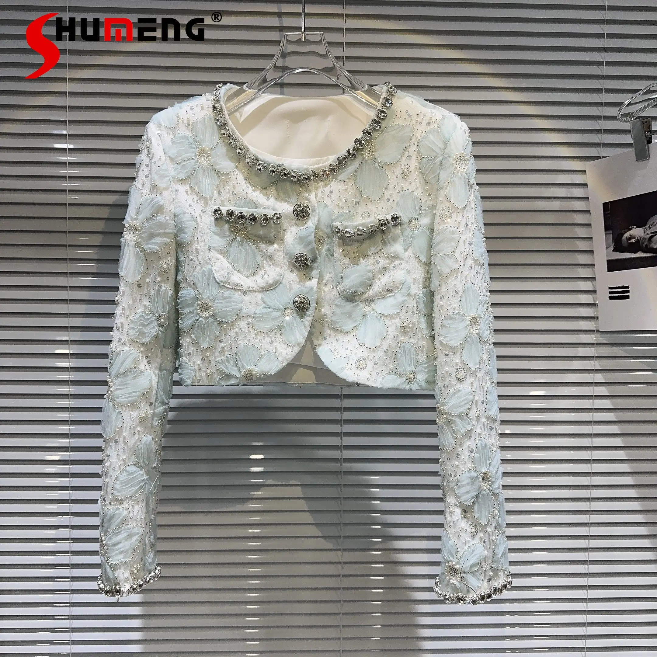 

2023 Autumn Short Chic Coat for Women New Classic Style High-End Rhinestone Collar Net Yarn Flowers Sequined Top Short Coat Lady