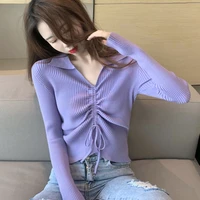 new autumn women lapel v neck long sleeve sweaters 2022 knit drawstring front cropped sweater y2k sexy club crop pullover clothe
