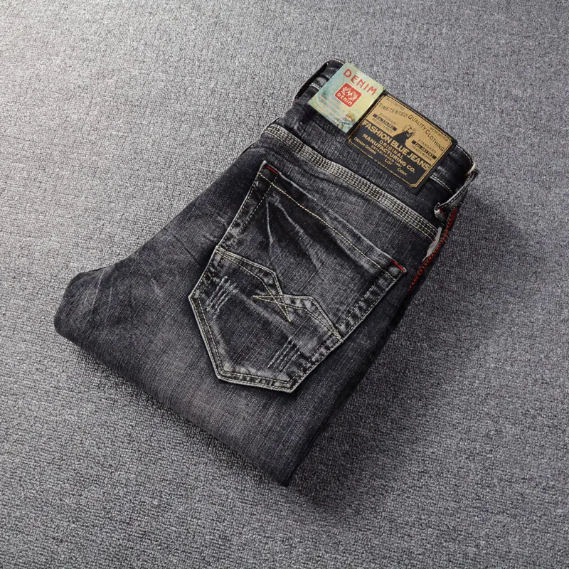 Fashion Designer Men Jeans Retro Black Gray Elastic Stretch Slim Fit Ripped Jeans Men Casual Trousers Vintage Denim Pants Hombre