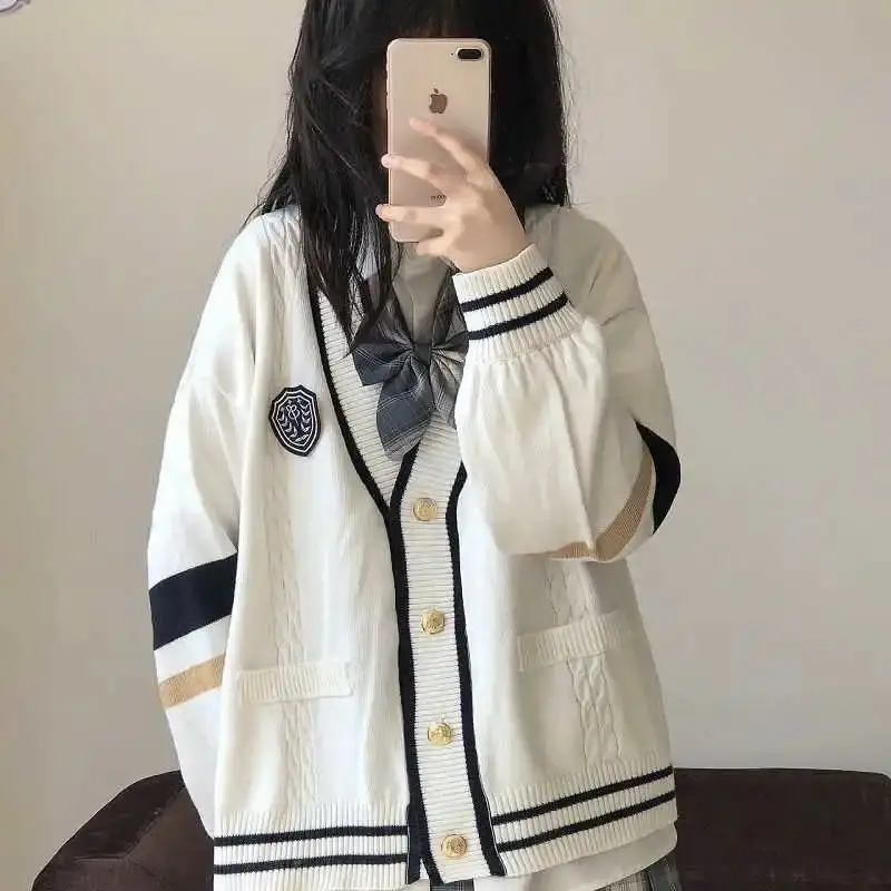 

Японский Униформа JK в студенческом стиле, белый кардиган, свитер, женский новый студенческий свободный Универсальный тонкий свитер, куртка
