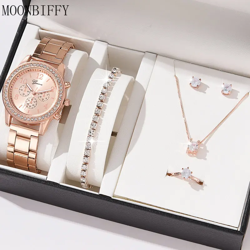 

6PCS Set Luxury Watch Women Ring Necklace Earrings Rhinestone Wristwatch Female Casual Ladies Watches Bracelet Set Clock(No Box)