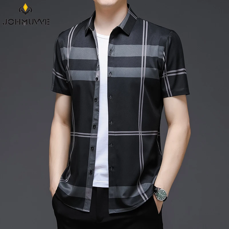 JOHMUVVE Fast Shipping New Men's Short Sleeve Striped Printed Shirt Casual Short Sleeve Top