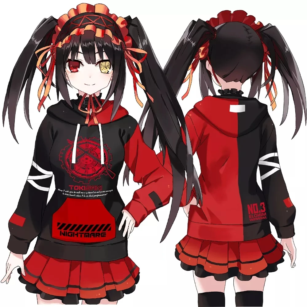 

DATE A LIVE Tokisaki Kurumi Patchwork Hoodies Sweatshirt Women Men Student Autumn Fashion Casual Pullover Coat Tops Jeans Pants