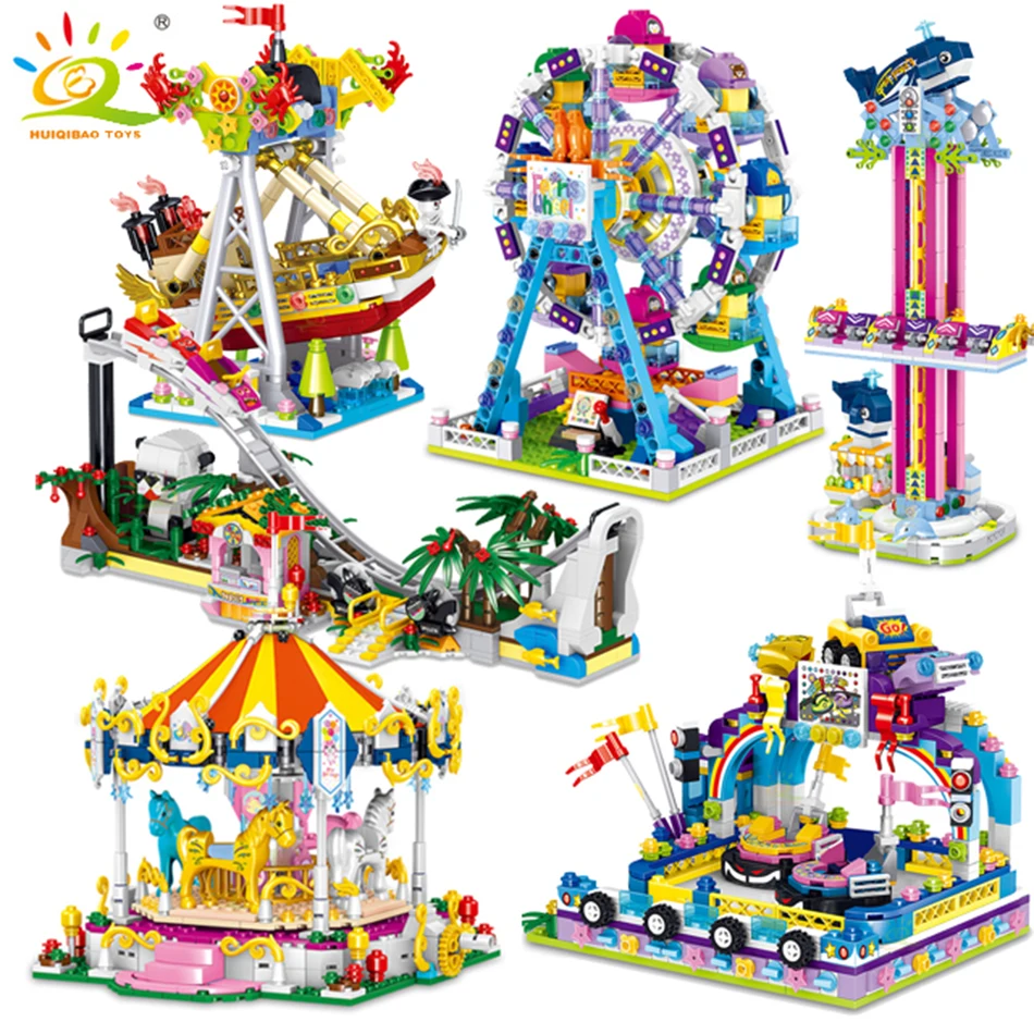 

HUIQIBAO Micro Amusement Park Facilities Model Buildings Diamond Architecture Carousel Ferris Wheel Blocks Bricks Children Toys