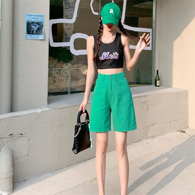 

2023 Caofeimao Chic Straight Loose Women Jeans Shorts Summer High Waist Pockets Female Wide Leg Denim Shorts