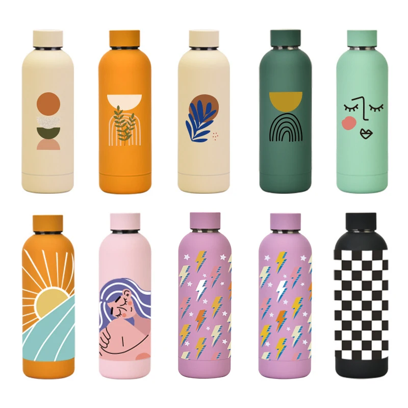 

500ML Small Mouth Sports Water Bottle Stainless Steel Vacuum Flask with Cute Pattern Double Wall Coffee Cup For Travel