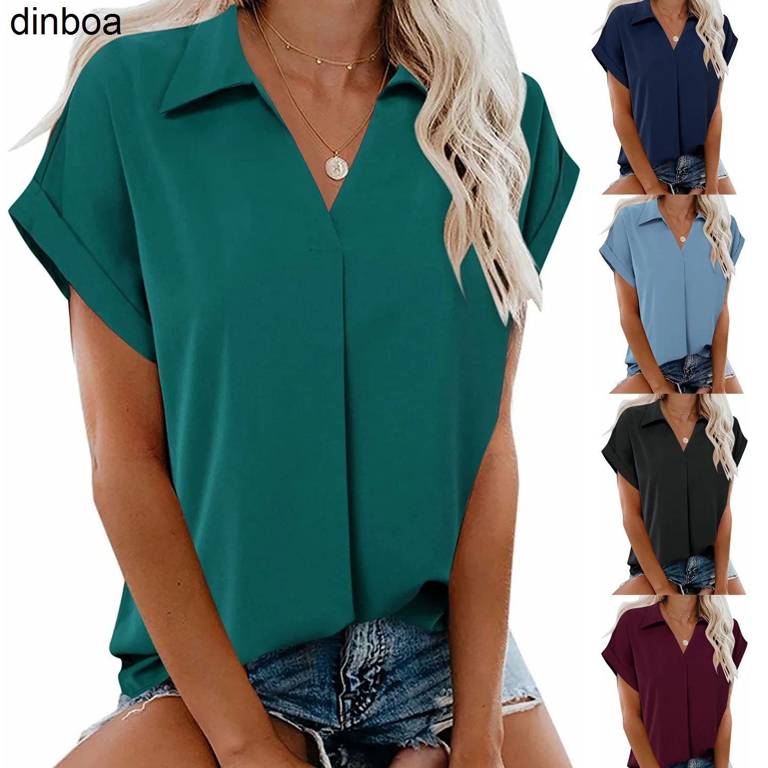 

Dinboa-women's Shirt Women's 2023 New Top Short Sleeve V-neck Solid Women's Shirt