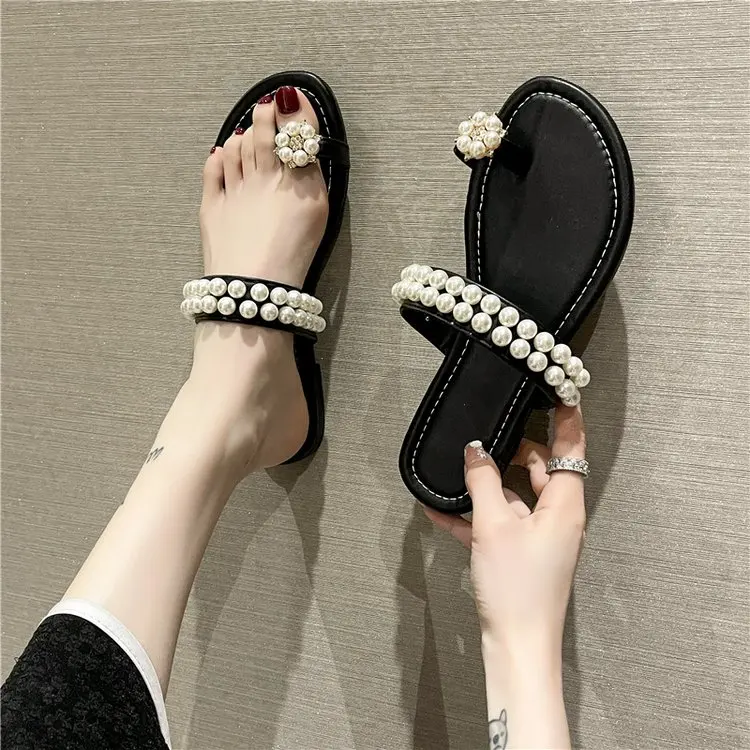 

Сандалии женские с открытым носком, удобные повседневные уличные босоножки на низком каблуке, с ремешком и пряжкой, однотонные, с жемчугом, ...