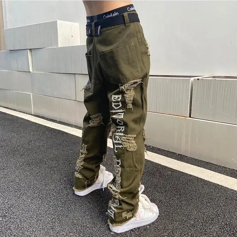 Retro Hole Ripped Distressed Jeans  Men Straight Washed Harajuku Hip Hop Loose Denim Trousers Streetwear Embroidery Casual Jean