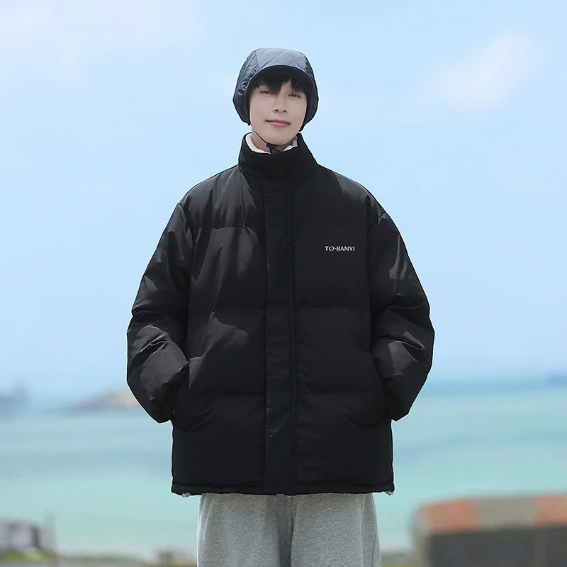 Winter cotton-padded men's 2022 new boys plus velvet warm cotton-padded clothes simple fashion fashion collar coat cotton-padded