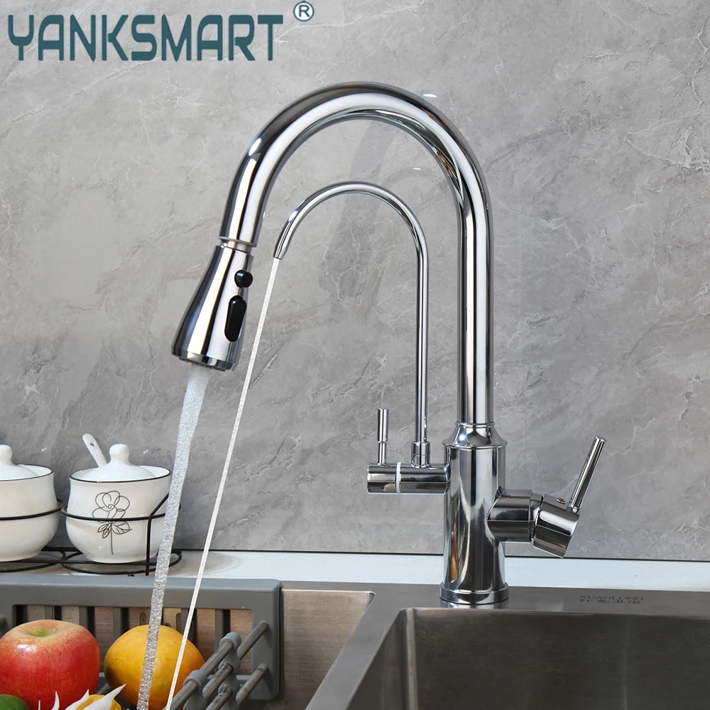 

YANKSMART Chrome Polished Pull Down Kitchen Faucet 360 Degree Rotation Brass Drinking Filtered Deck Mounted Mixer Water Tap