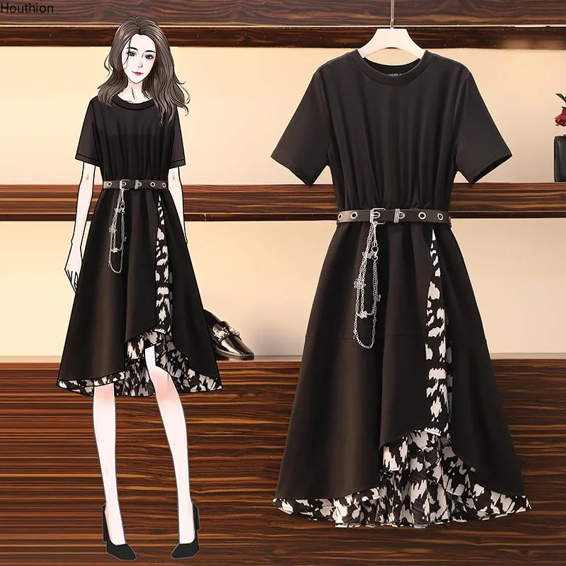

Houthion Women Dresses Chiffon Midi Bosmia Fashion Draw Back New Korean Knee-Length Splicing O-Neck