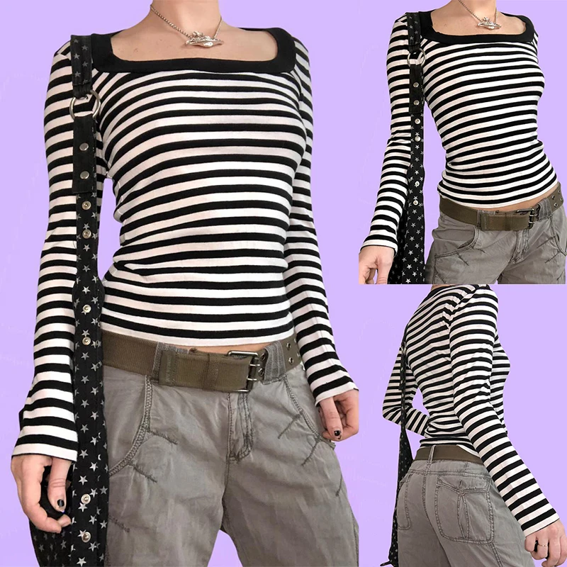 

Women Vintage Striped Print Tops T-shirt Casual Square Collar Long Sleeve Pullover for Spring Autumn