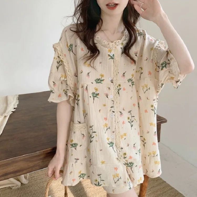 2023 New Princess Style Summer Pajamas Women's Short-sleeved Small Floral Round Neck Sweet Girl Student Loose Home Service