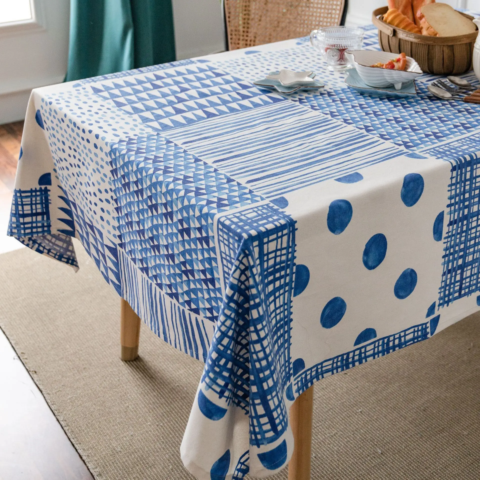 

Cotton Linen Rectangle Tablecloth Geometric Tassel Table Cloth Wrinkle Free Kitchen Dust-Proof Waterproof Resistant Washable