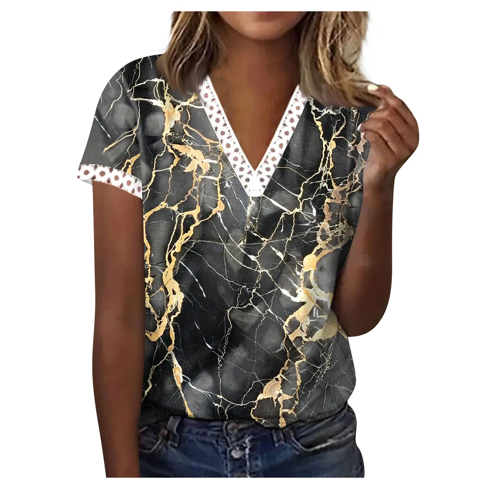 

Fashion short sleeved women's2023 V-neck lace casual shirt women's elegant shirt women's