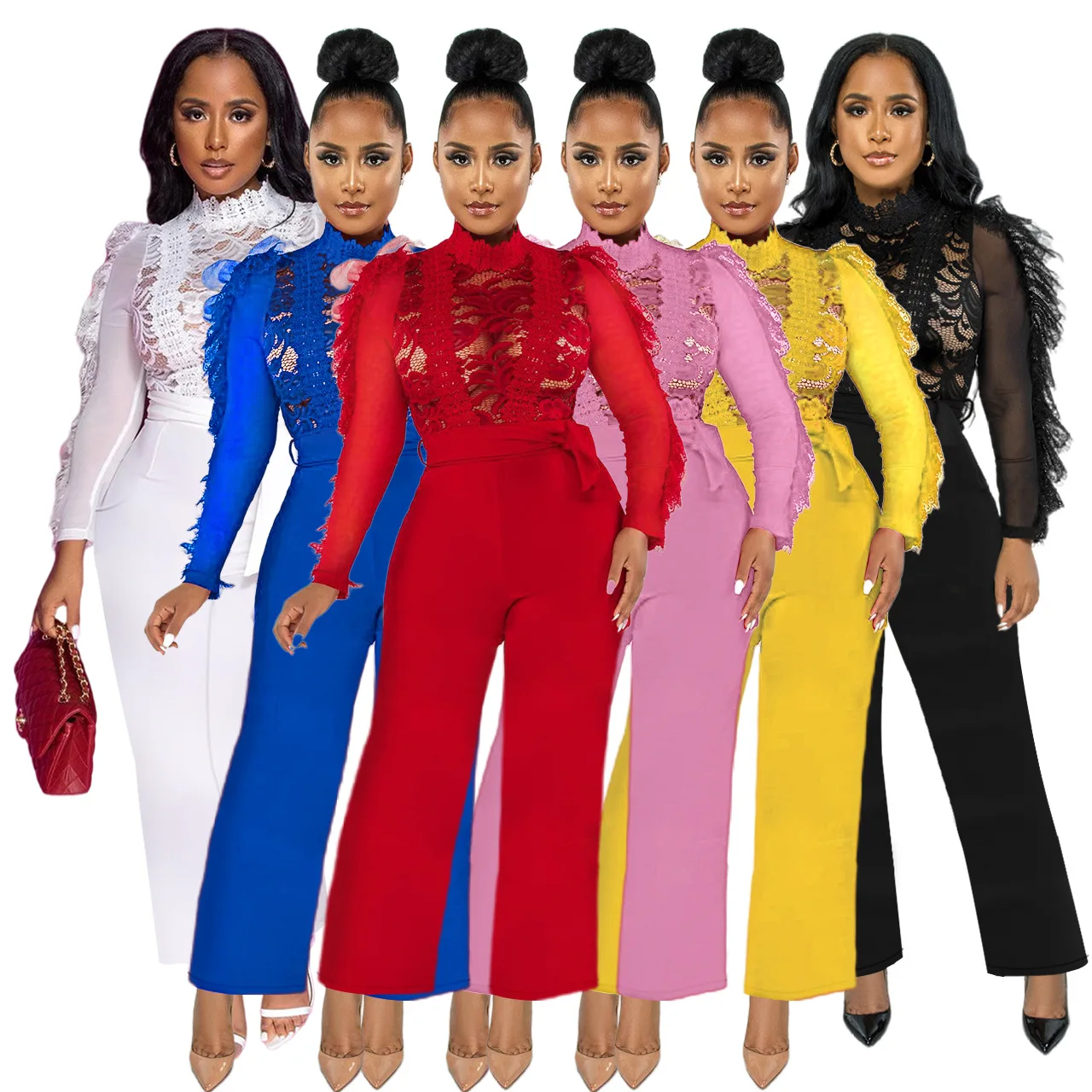 

Women's sexy jumpsuit 2023 autumn and winter solid color long-sleeved lace splicing see-through jumpsuit jumpsuit evening dress
