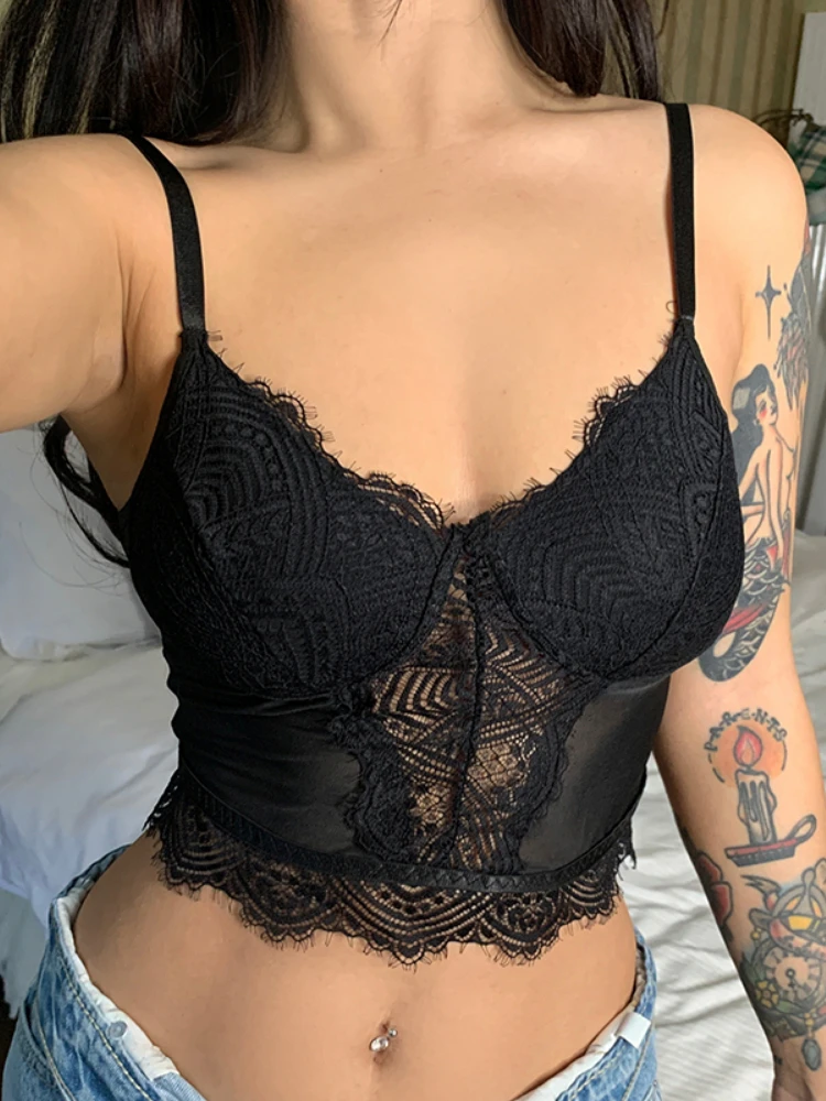 

WeiYao Black Lace Corset Top Fril Sexy Backless Punk Gothic Mini Vest Women Club Party Beach Sweats Korean Summer Streetwear