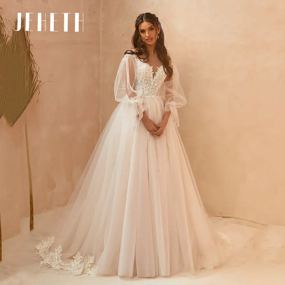 

JEHETH Long Puff Sleeves Tulle A Line Wedding Dress robe de mariée Princess Applique Illusion Back Bridal Gown vestidos de novia