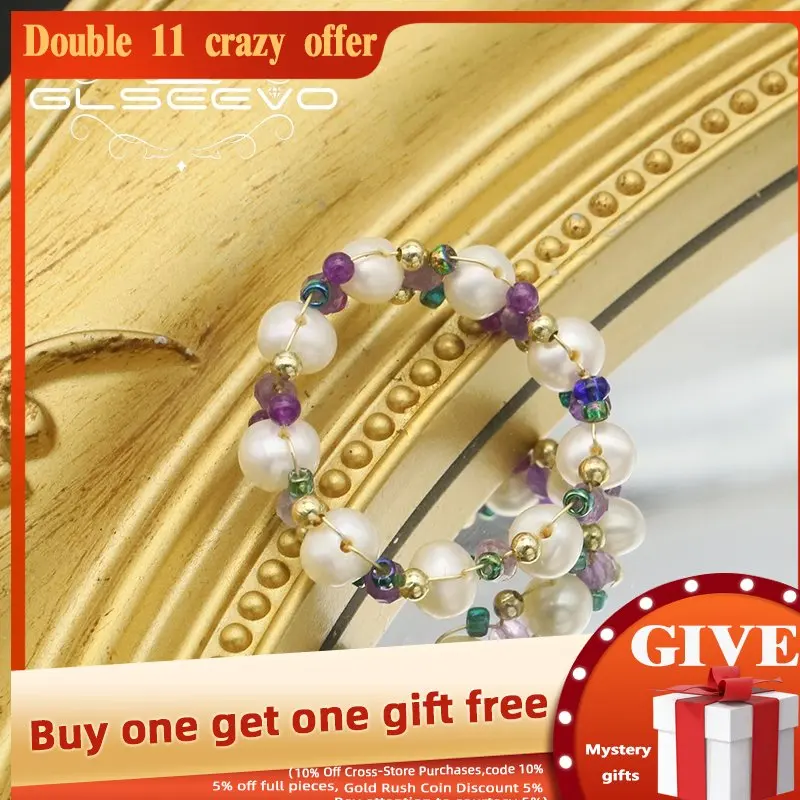 

GLSEEVO Natural Pearls Colorful Glass 18k Electroplated Gold Women Retro Luxe Rings Mothers Day Wedding Gift Customizable GR0312