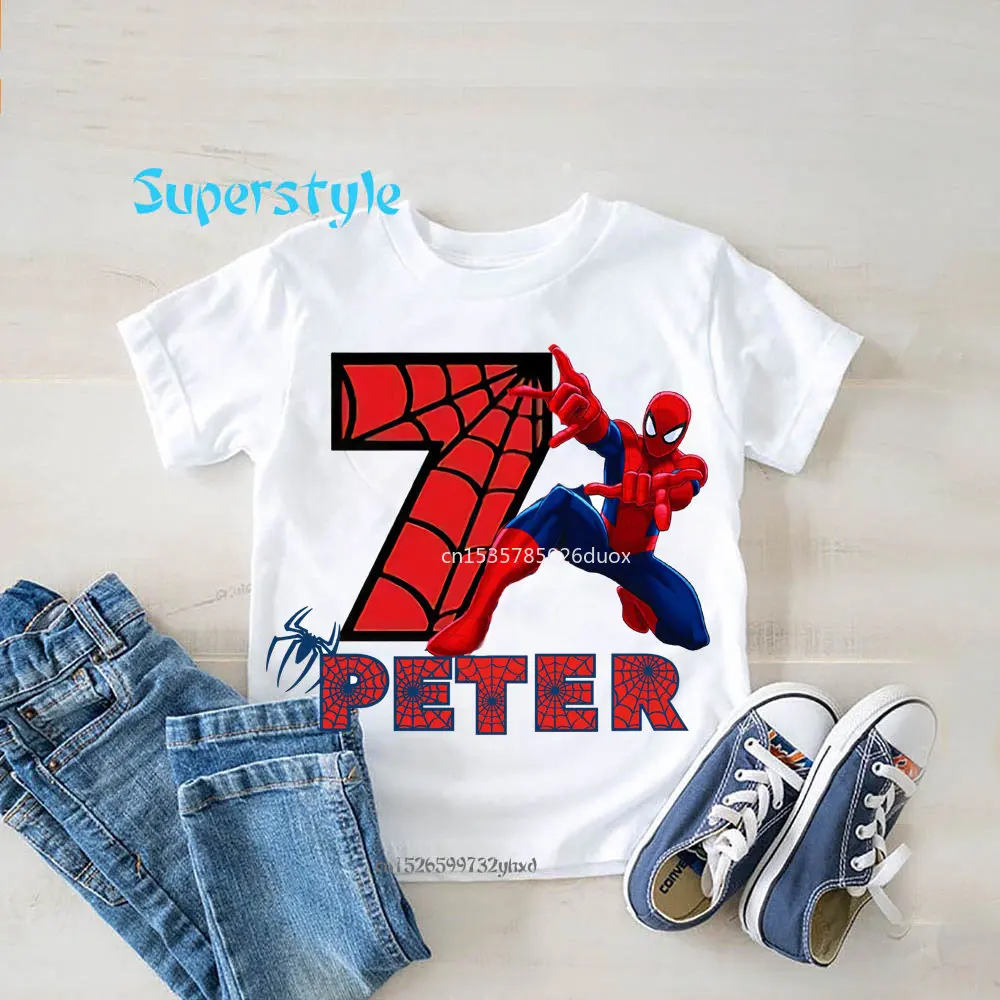 

Boys 2 3 4 5 6 7 Years Marvel Spiderman White Short Sleeve T-Shirts Birthday Spiderman Font Personalize Name Boy Fashion Shirt