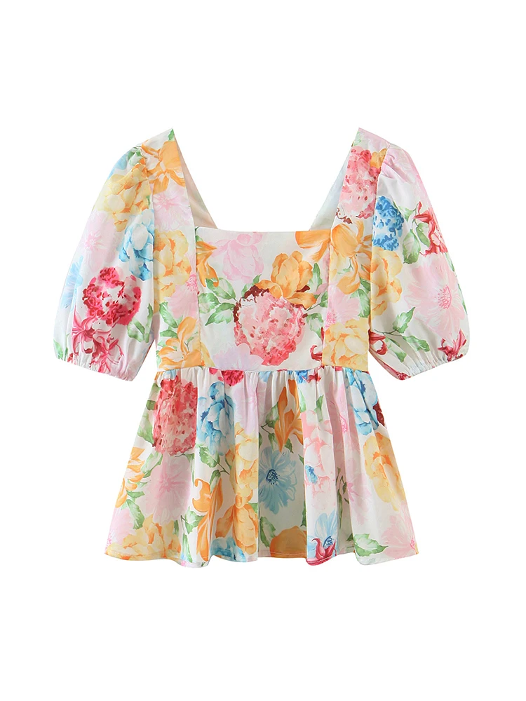 

Summer Puff Sleeve Square Collar Tops Women Backless Elastic Flower Print Blouses 2022 Ladies Shirts