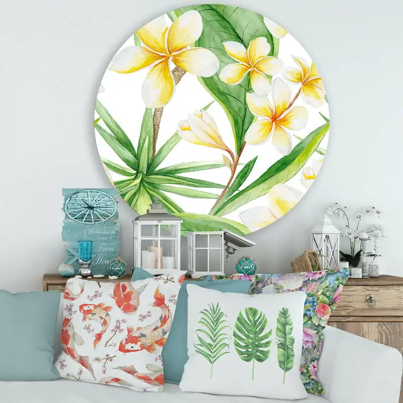 

«Желтые цветы и тропические листва» x Традиционный Круглый Металлический Настенный декор 36x36 дисков для гостиной интерьера дома