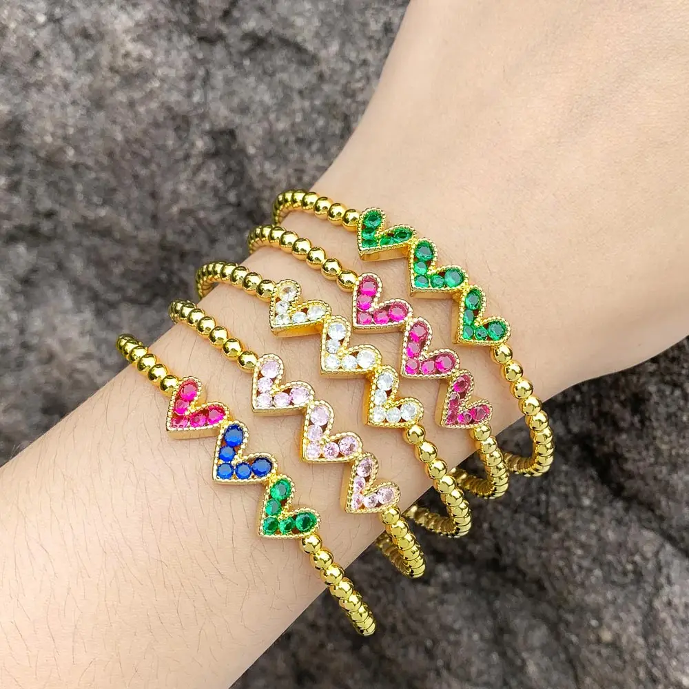 

FLOLA Small Fuchsia Crystal Heart Cuff Bangle for Women Copper Gold Plated Adjustable Bangles CZ Romantic Jewelry Gifts brtj74