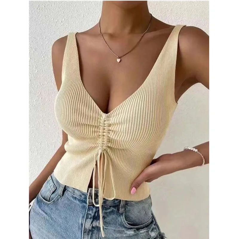 

Boring Honey Women Knitting Pure Colour Crop Tops Fashion Ruched Front Drawstring Knitted Tops V-Neck Sexy Short All-Match