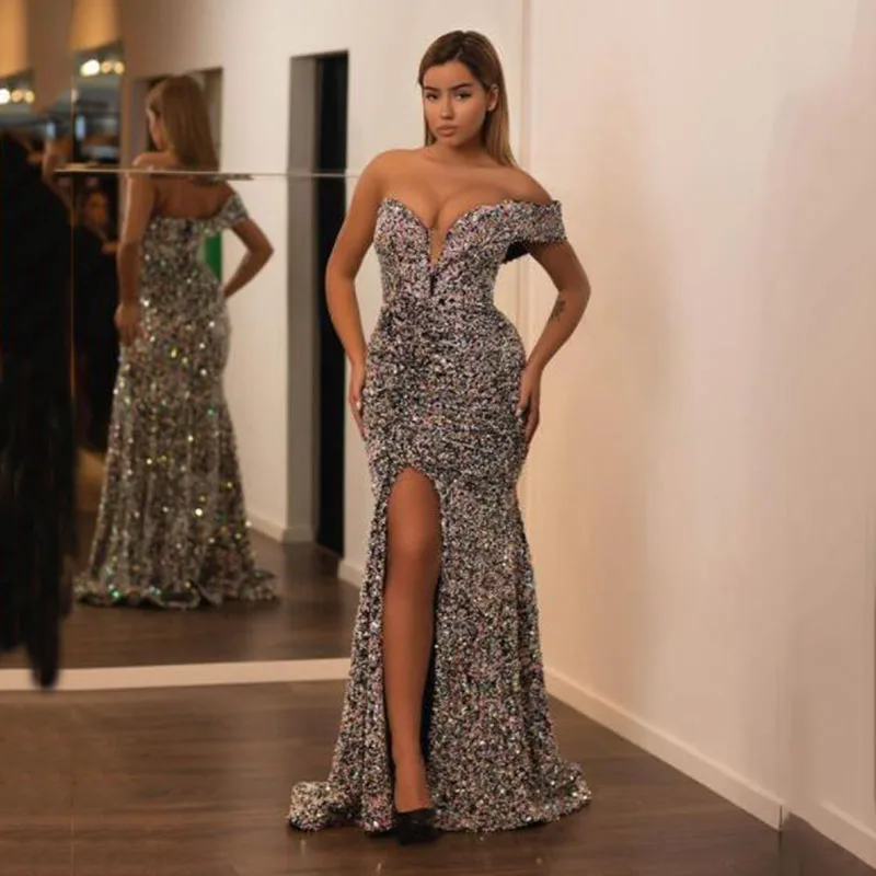 

Glitter Sequin Mermaid Evening Dress 2022 Side Slit Formal Gowns Saudi Arabic Party Night Vestidos De Noite Gowns