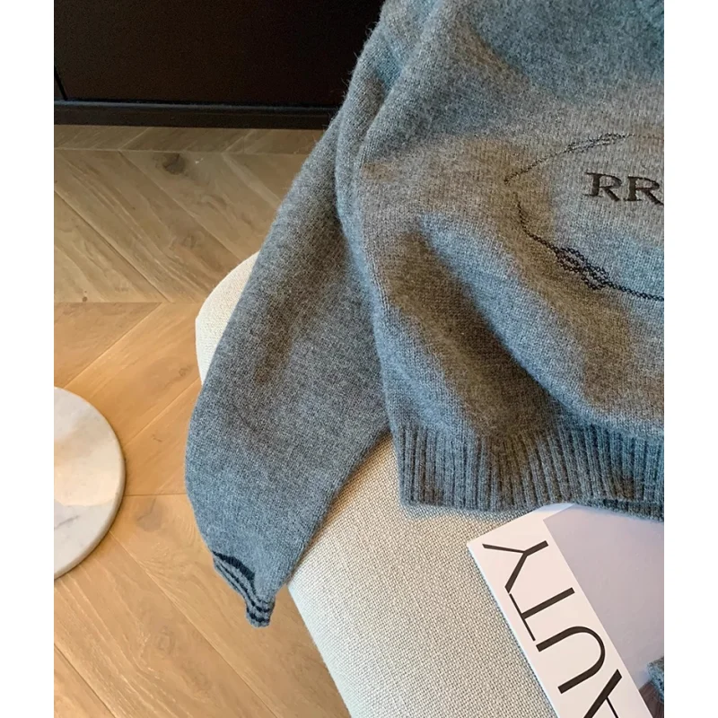 Серый пуловер женская одежда вязаный свитер кашемировые винтажные с вышивкой