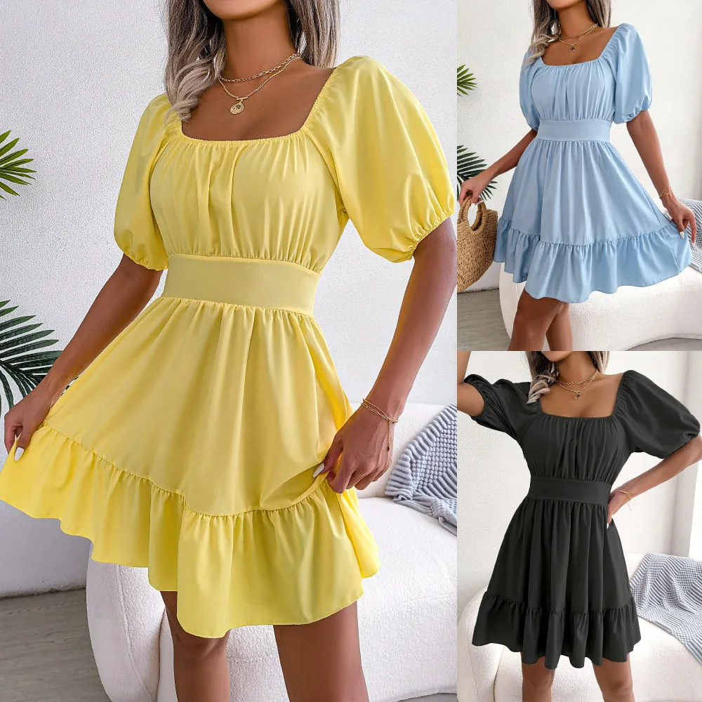 

Summer Dress For Women Elegant Backless Bow Lace Up Square Collar Dresses Puff Sleeve Ruffles Hem A-Line Dress Sexy Mini Dress