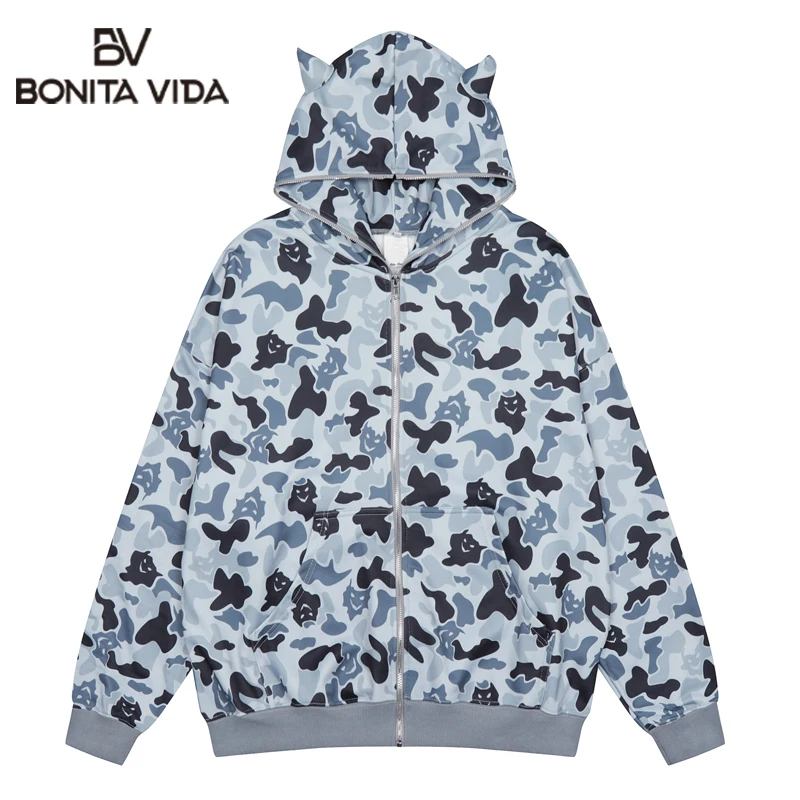 

2022 Oversized Men's Devil Horn Hat Design Little Print Autumn Jacket Hip Hop Streetwear Hoodie Zip Casual Loose Sweatshirt