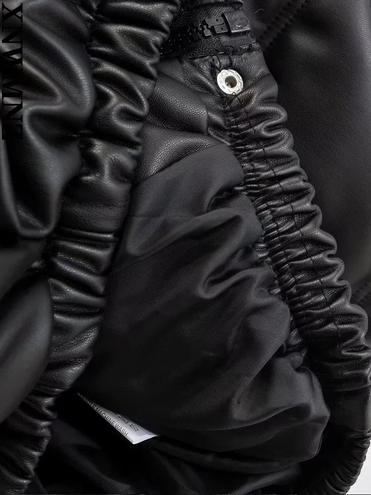 XNWMNZ 2022 Women Fashion Faux Leather Padded Jacket Thick Warm Parka Coat Vintage Long Sleeve Female Outerwear Chic Tops