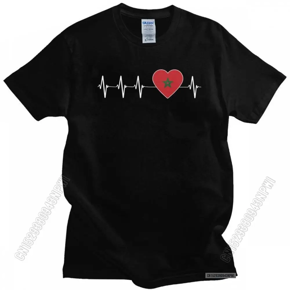 

Heartbeat Morocco Country Flag T Shirt Homme 100% Cotton Moroccan Heart Family Tee Tops O-Neck Summer Tshirt Merch