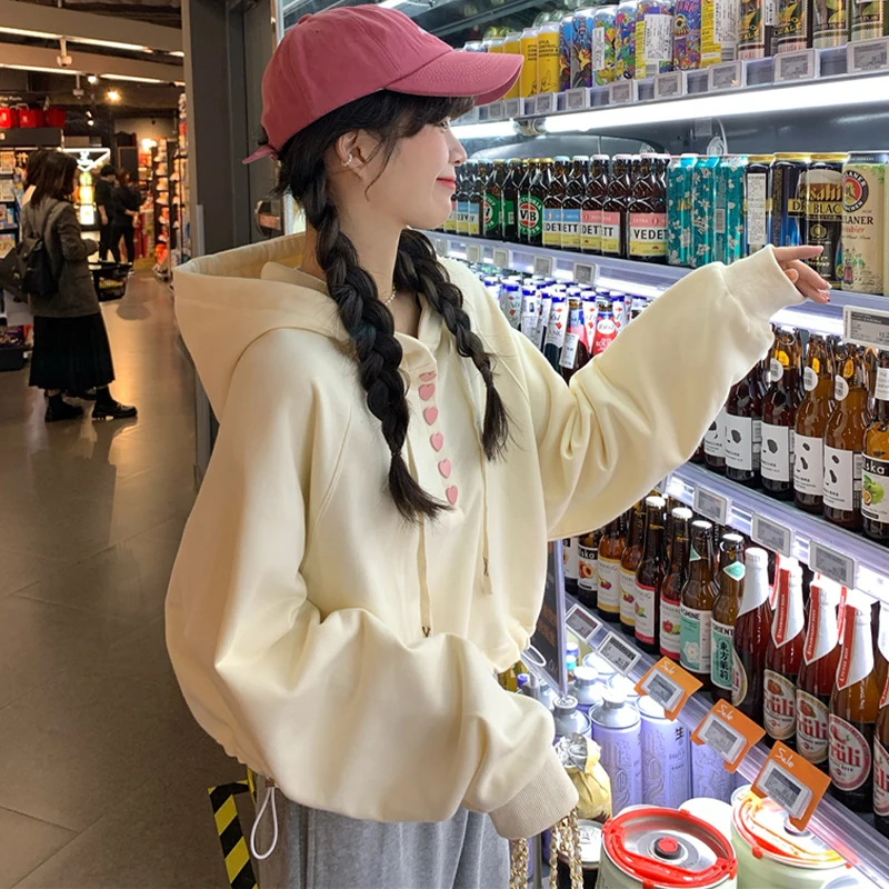 

Korean young girl Button Crop top Hoodies Street Pullovers solid Autumn oversized Casual apricot Women hooded Sweatshirt clothes