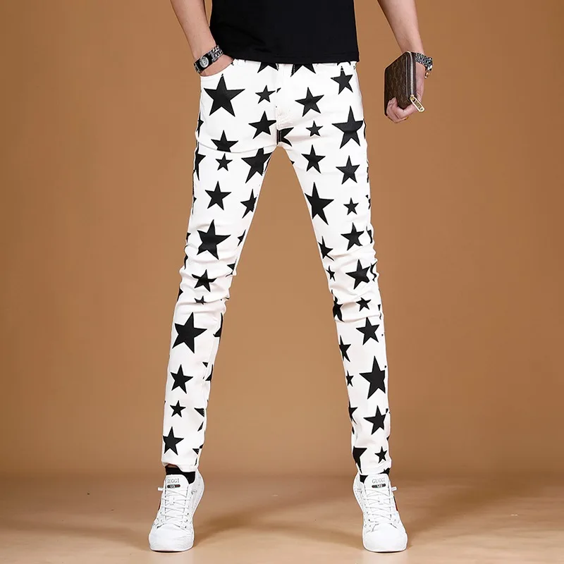 White Jeans Men Summer Fashion Stars Digital Printing Pants Streetwear Casual Straight Slim Fit Denim Trousers CP1633